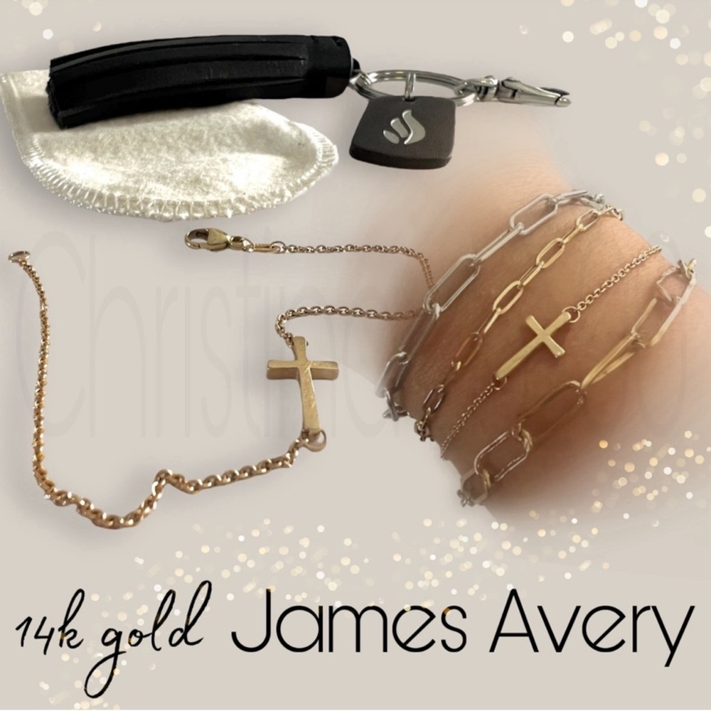14k gold James Avery cross bracelet and black leather keychain.